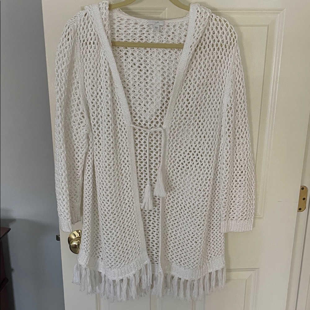 J. Jill Open-Knit Hooded Fringe Cardigan in White